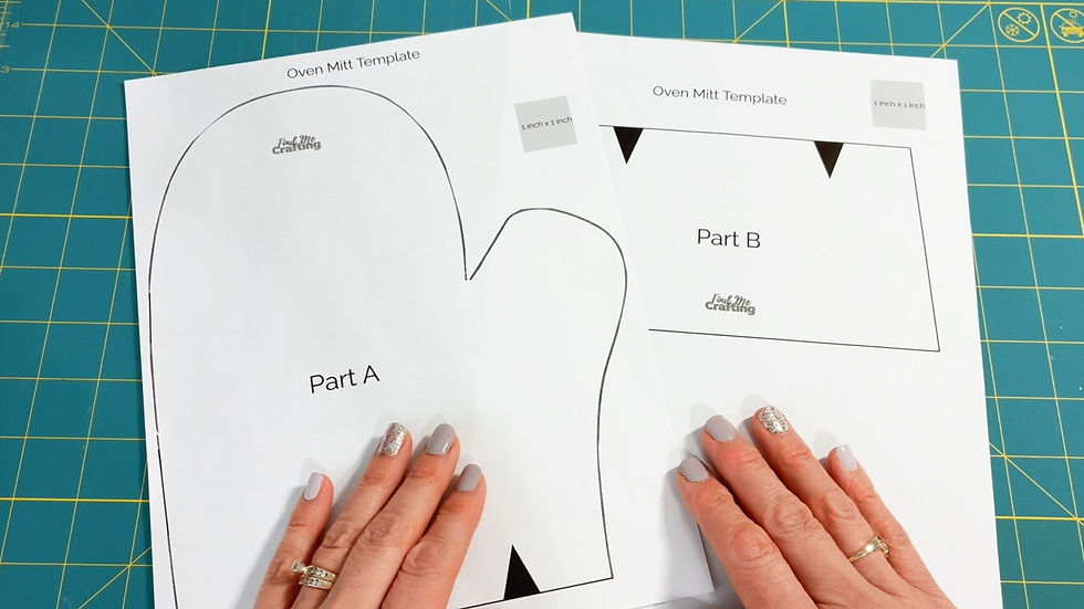 Hands with manicured nails holding two oven mitt templates labeled "Part A" and "Part B" on a green cutting mat.