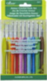 Clover Armour Crochet hook set with 10 different hook sizes with different color handles.