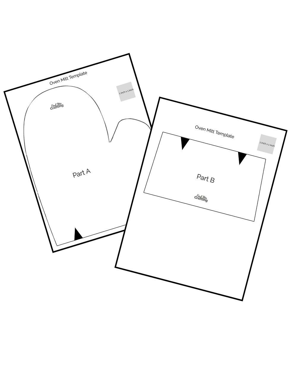 Oven mitt templates labeled Part A and Part B on white sheets. Each sheet includes a 1-inch square for scale and "Oven Mitt Template" text.