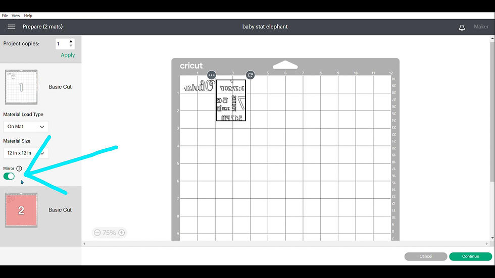 An arrow pointing to the mirror function in Cricut Design Space.