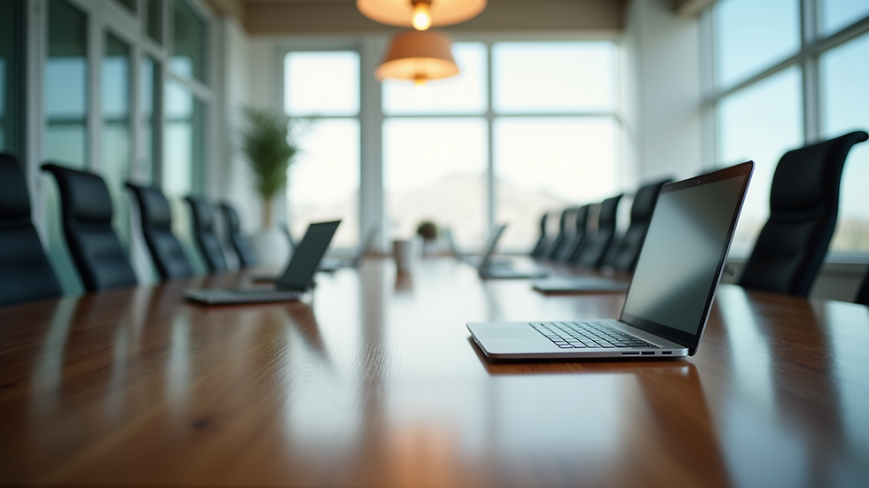 Eye-level view of a modern conference room with a round table and laptops