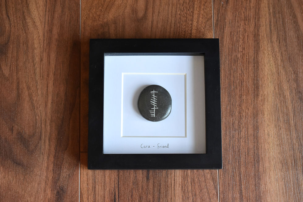 Cara Ogham stone in a black frame with 'Friend' text.