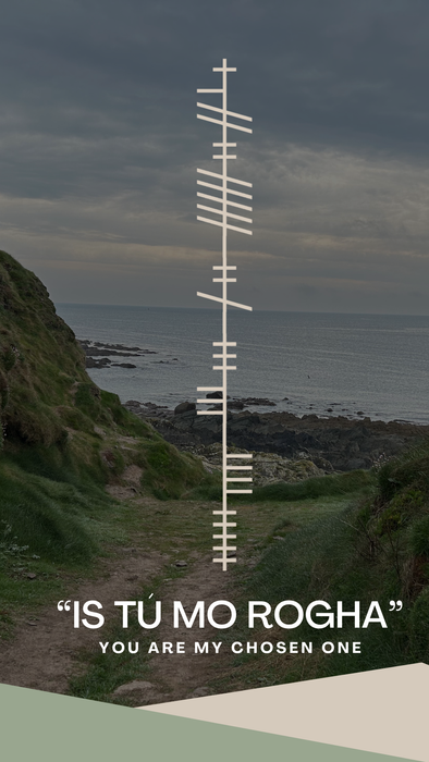 Ogham script saying Is Tú Mo Rogha over a coastal view