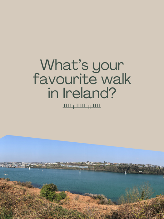 Text: What's your favourite walk in Ireland? over a coastal view.