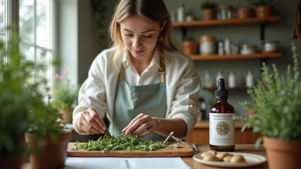 Eye-level view of a local herbalist preparing herbal remedies in a cozy clinic