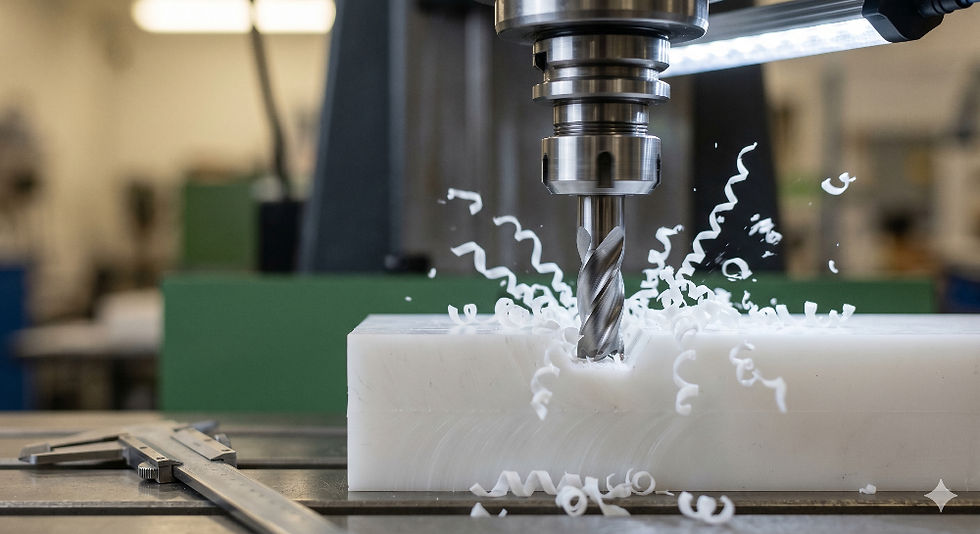 In-house plastic CNC machining — carbide end mill cutting HDPE block at custom plastic fabrication workshop