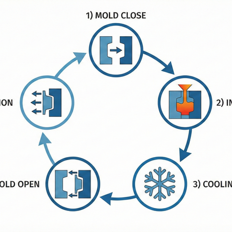 A professional circular technical diagram illustrating the five stages of an injection molding cycle: Mold Close, Injection, Cooling, Mold Open, and Ejection, connected by blue arrows on a white background.