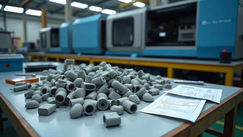 A pile of rejected plastic injection molded parts scattered on a workbench due to visible defects like warpage, sink marks, and weld lines. The defects should be clearly visible, with some parts showing cracks, uneven surfaces, or deformations. In the background, a large industrial injection molding machine is visible, with an open mold and a robotic arm nearby. The setting is a well-lit manufacturing facility with tools and quality control checklists on the table, emphasizing the inspection process