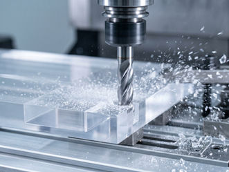 CNC machining acrylic sheet with single-flute carbide end mill and compressed air chip evacuation