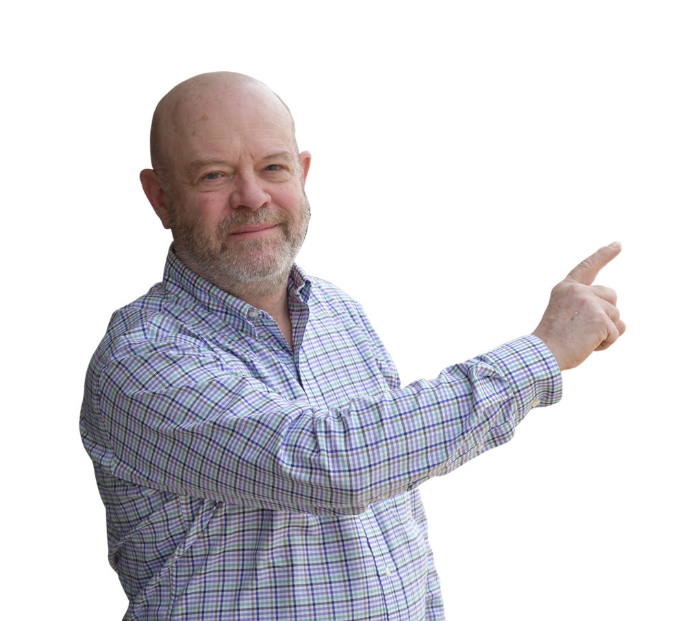 Jim Heidelbach, a white man with a beard shown in profile, pointing upward and to the side with his arm raised. He wears a plaid shirt.