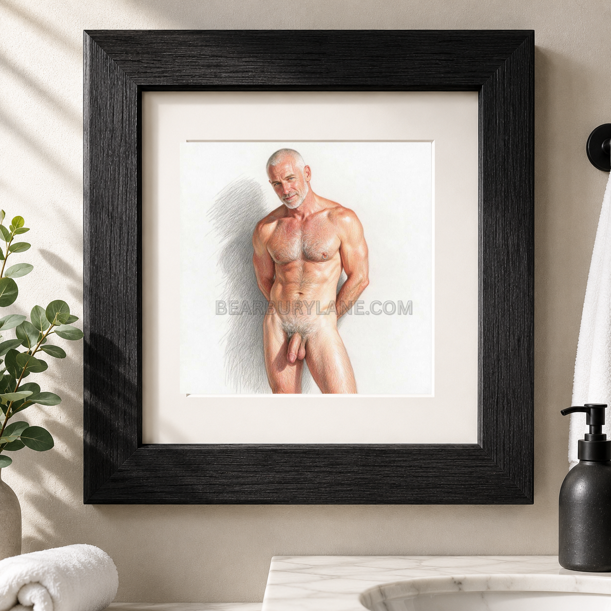 Silver Daddy Nude Art Print, Mature Gay Male Wall Art, Bathroom Decor