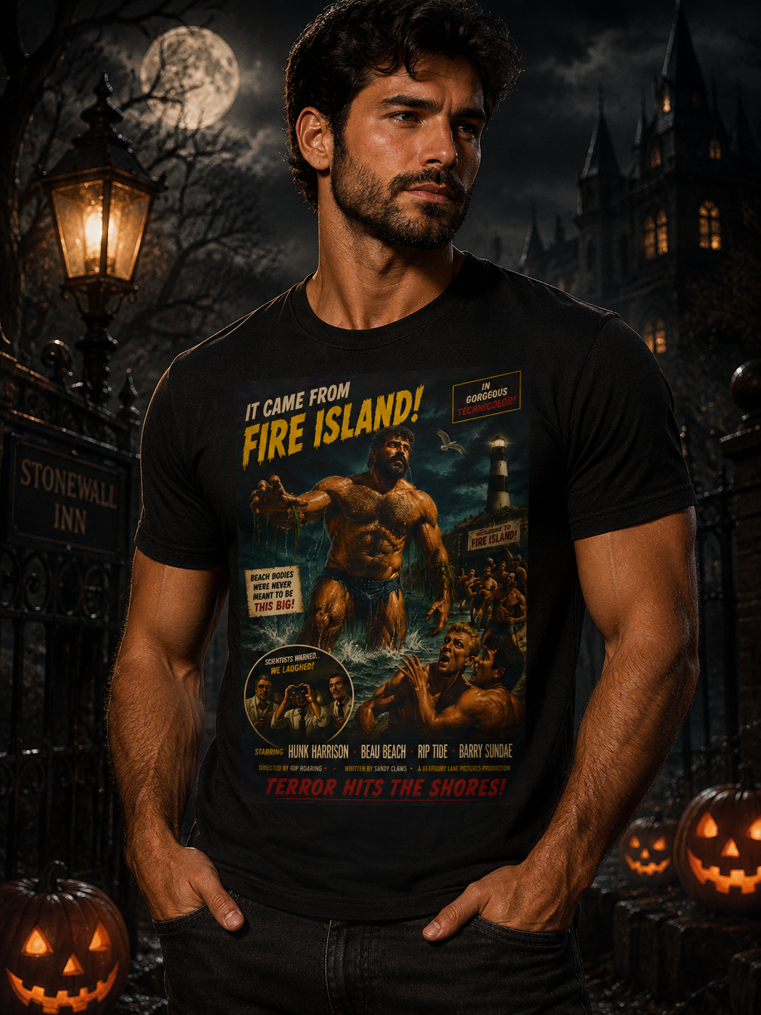 It Came From Fire Island Movie Poster T-Shirt | Gay Bear Halloween Tee