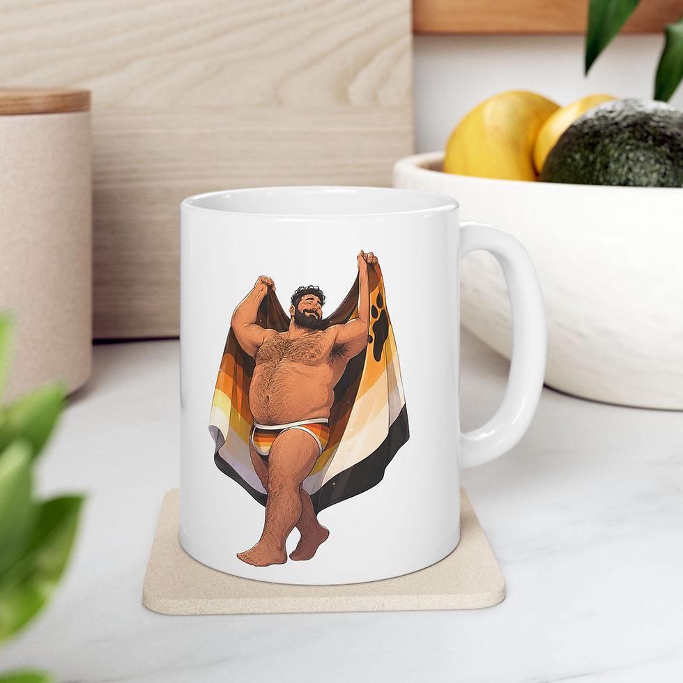 Hairy bear pride art on a white 11oz beefcake mug