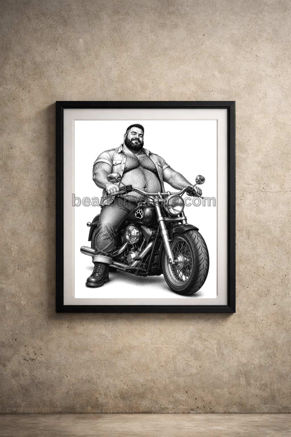 Gay Bear Biker Art Print Black and White Motorcycle Poster