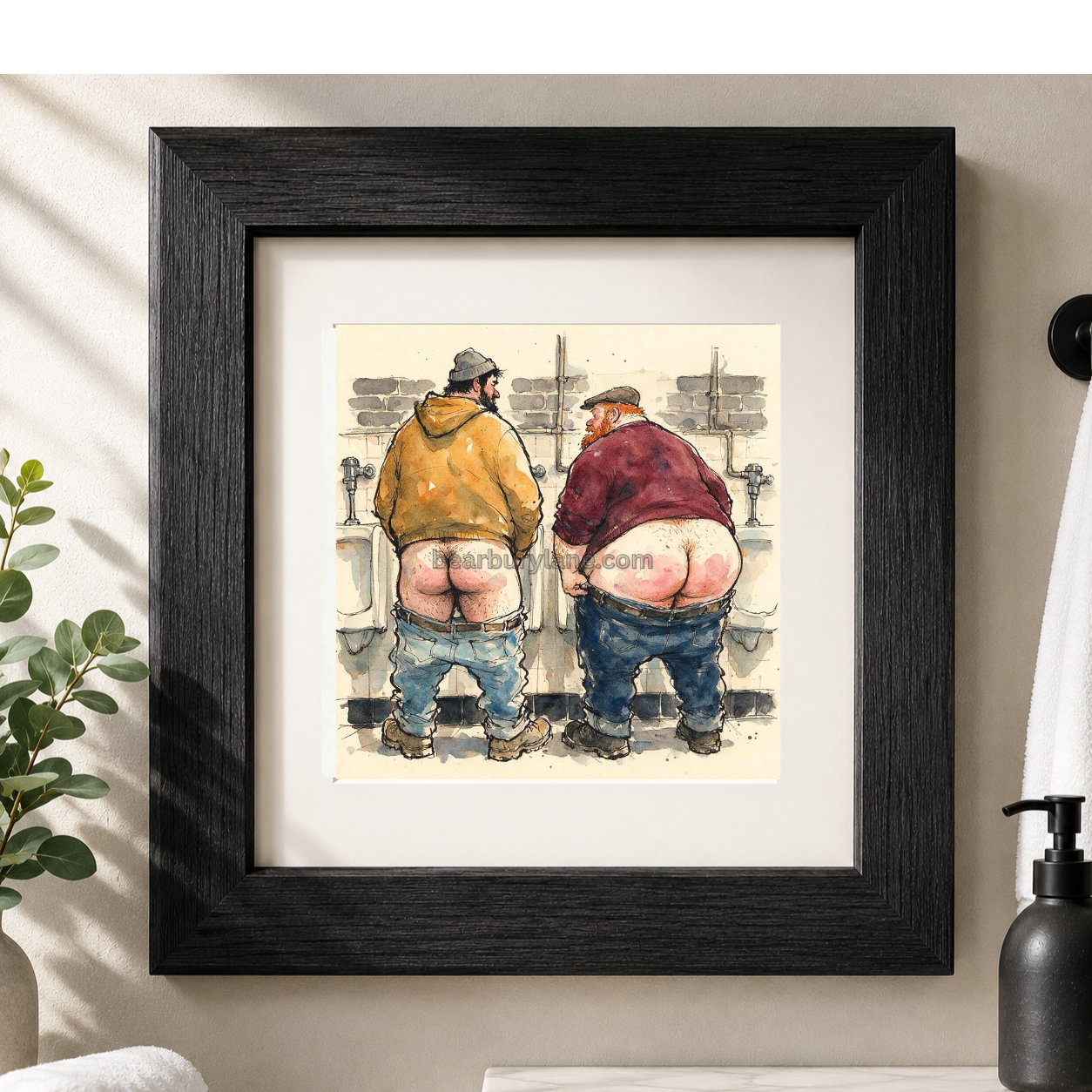 Gay Bear Butt Art Print Two Hairy Men at Urinals Watercolor Poster