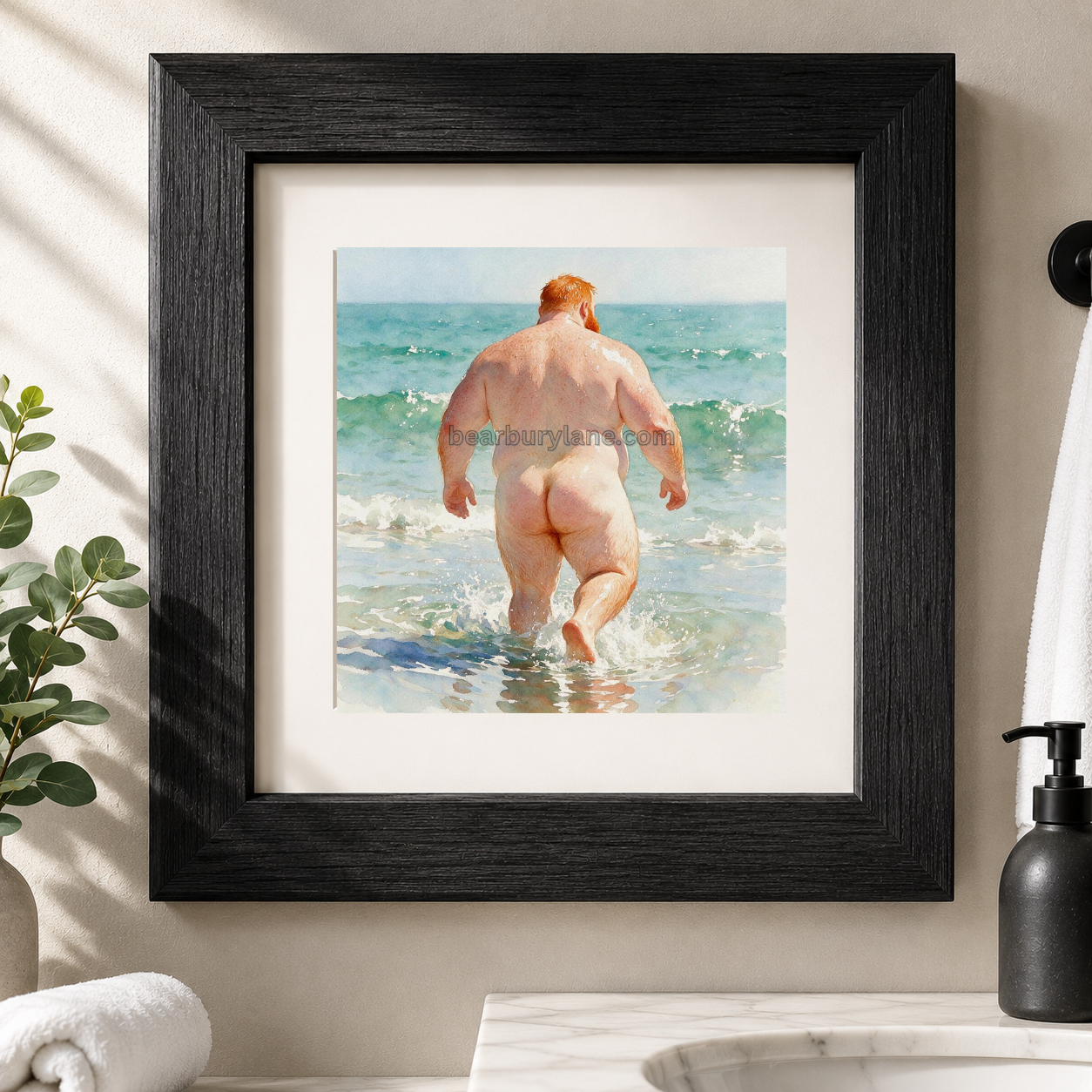 Ginger Gay Bear Poster, Nude Male Watercolor Beach Wall Art