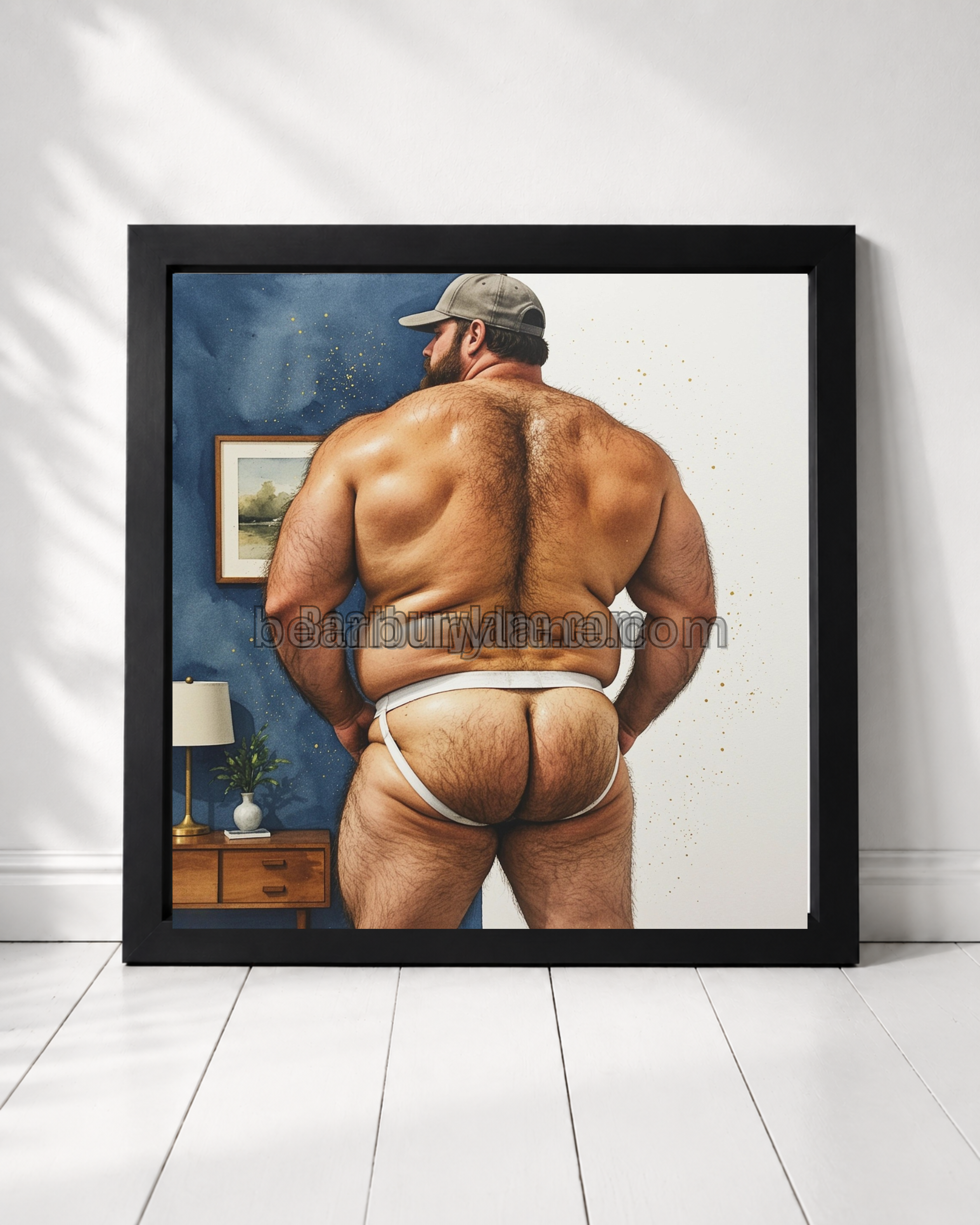 Erotic Gay Bear Art Poster Jockstrap Male Rear View Print