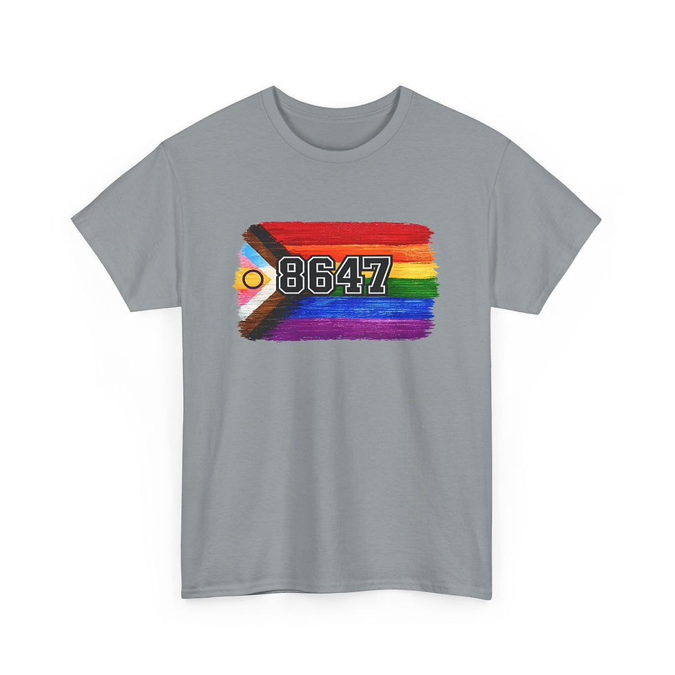 Thumbnail: Gray t-shirt with Progress Pride flag and number 8647