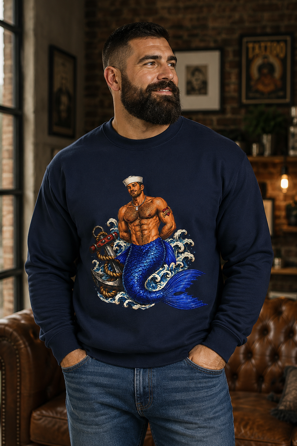 Thumbnail: Gay Merman Sweatshirt Sailor Bear Jumper Nautical Queer Men’s Pullover