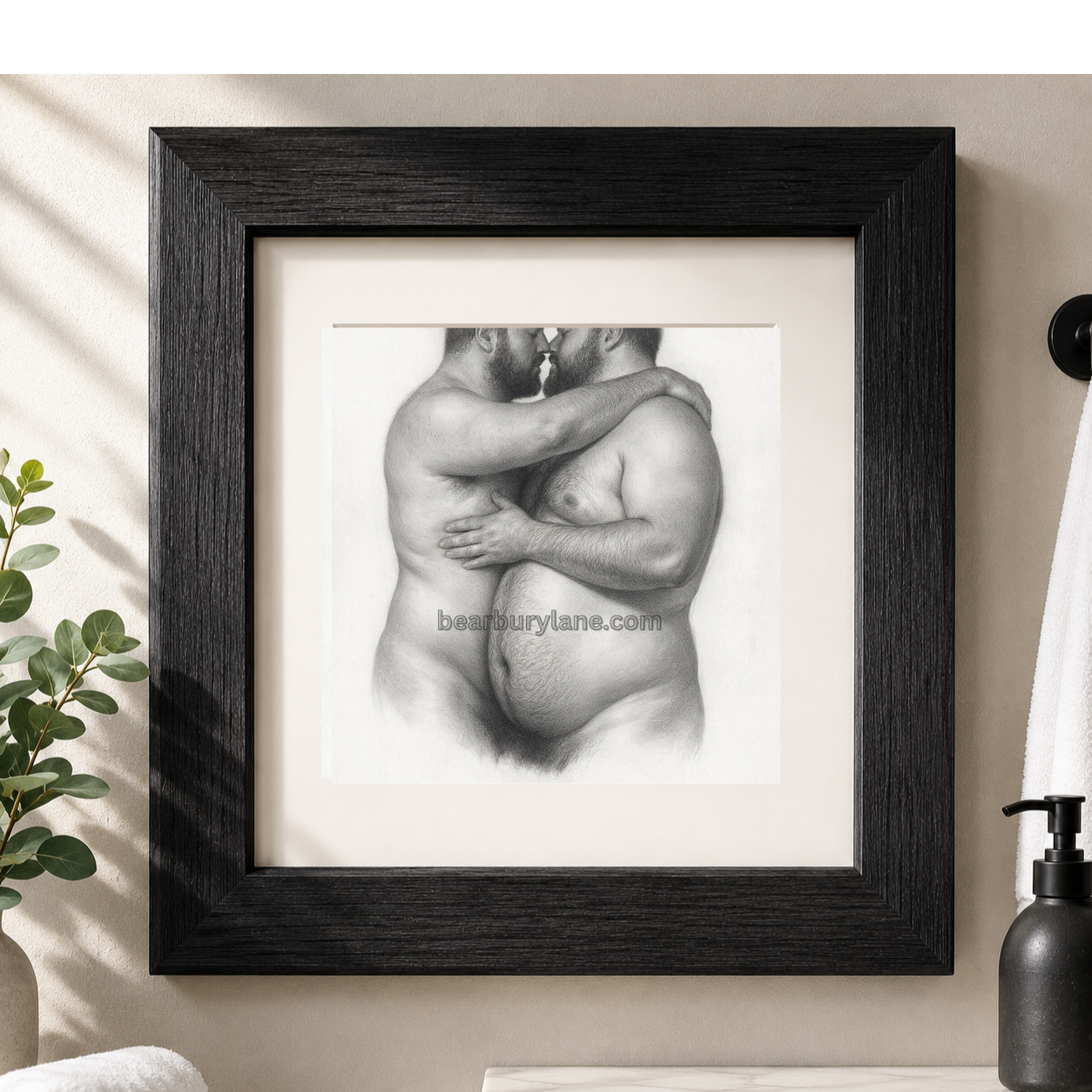 Gay Bear Nude Art Male Couple Kiss Print Hairy Men Pencil Drawing LGBTQ Wall Art