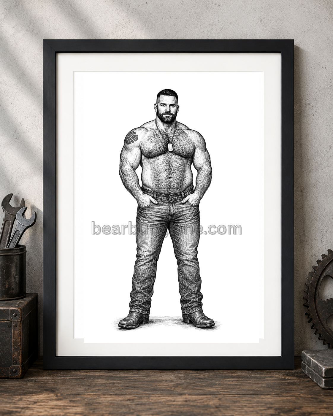 Gay Muscle Bear Art Print Black and White Male Figure Poster Description