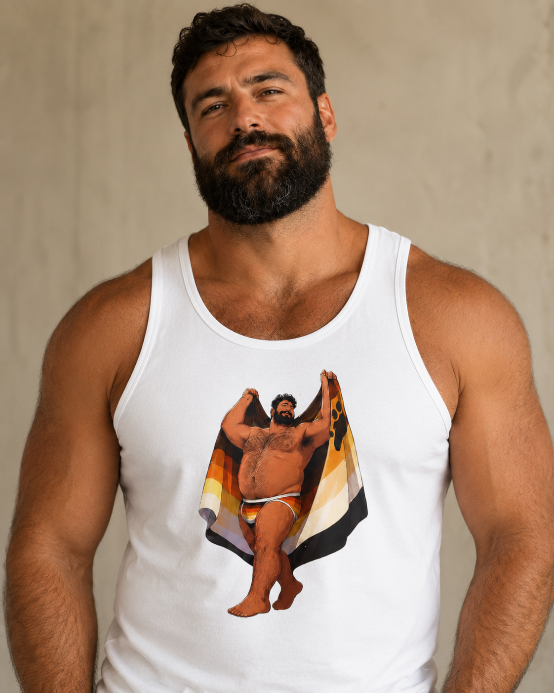 Bearded man wearing a Bear Pride Flag Beefcake Vest.