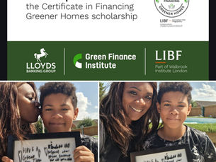 Pictures of mother and son posing with framed handwritten notes and passed Greener Homes Certification.