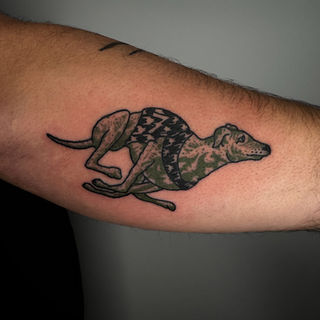 Traditional greyhound tattoo by Rob featuring a sprinting dog wearing a patterned racing coat, with bold black outlines, muted green and brown shading and classic old-school tattoo styling.