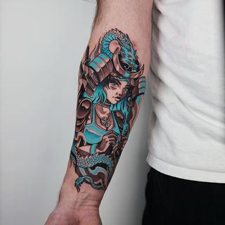 Cyberpunk anime forearm tattoo by Alex Roze featuring a female warrior in futuristic samurai-style armour with a turquoise dragon and vivid cyan-blue details.