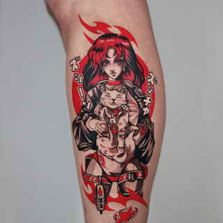Red and black anime tattoo by Alex Roze featuring a stylised red-haired female character holding two cats, with Japanese lettering and flame-like graphic details.