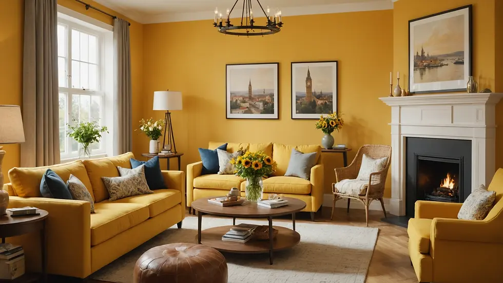 Eye-level view of a cozy living room featuring warm yellow walls and a tasteful arrangement of furniture