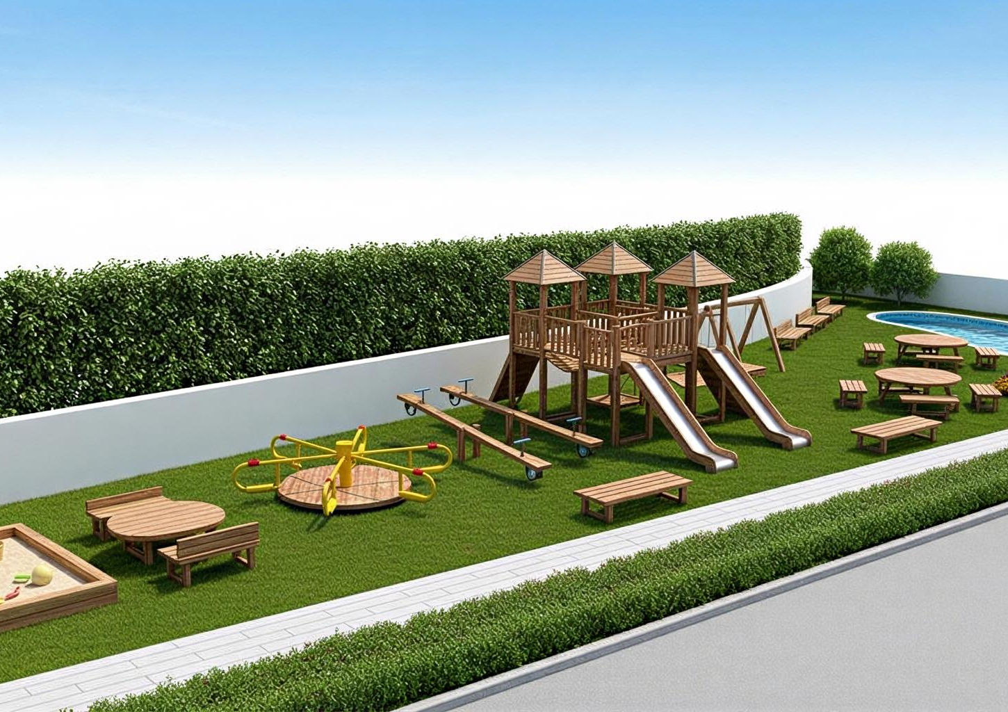 Children's playground  view of Ocean View Residence with landscaped outdoor areas in Livadia, Larnaca, Cyprus
