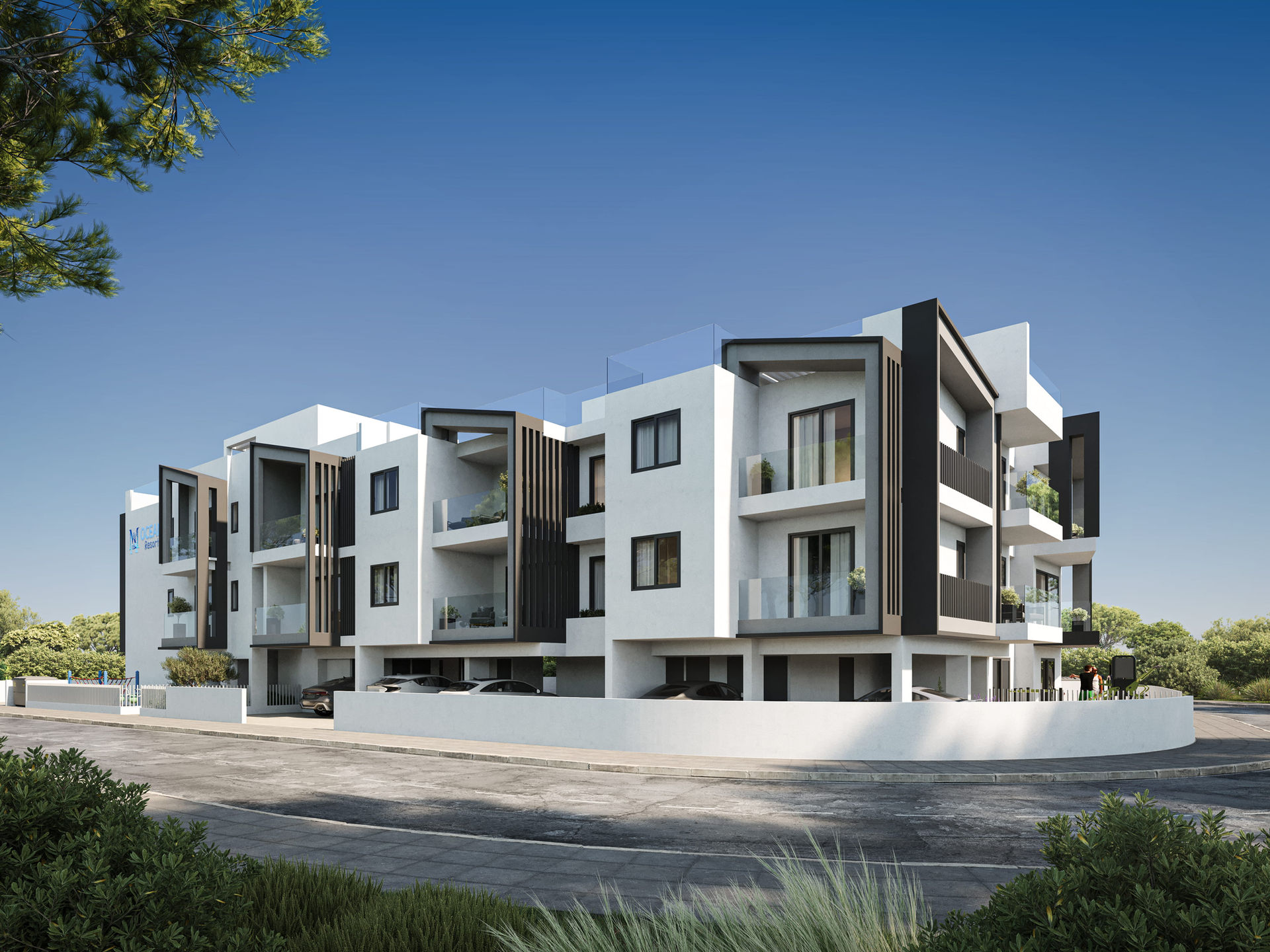 3D exterior perspective highlighting Ocean Resort balconies and modern architecture in Pyla, Larnaca, Cyprus