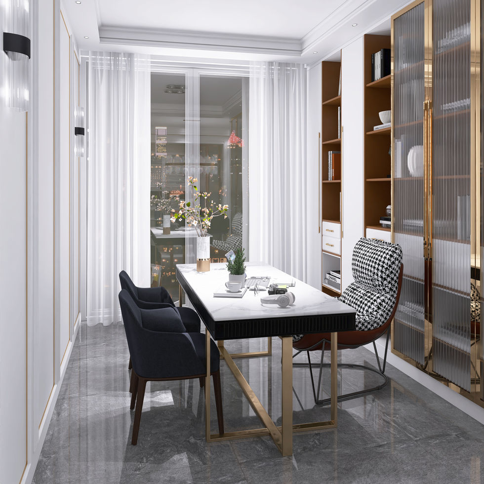 Escritório com marcenaria planejada nos mesmos tons dos demais ambientes, luxo com discrição, detalhe do revestimento da cadeira, linda vista proporcionando claridade e integração com a paisagem.