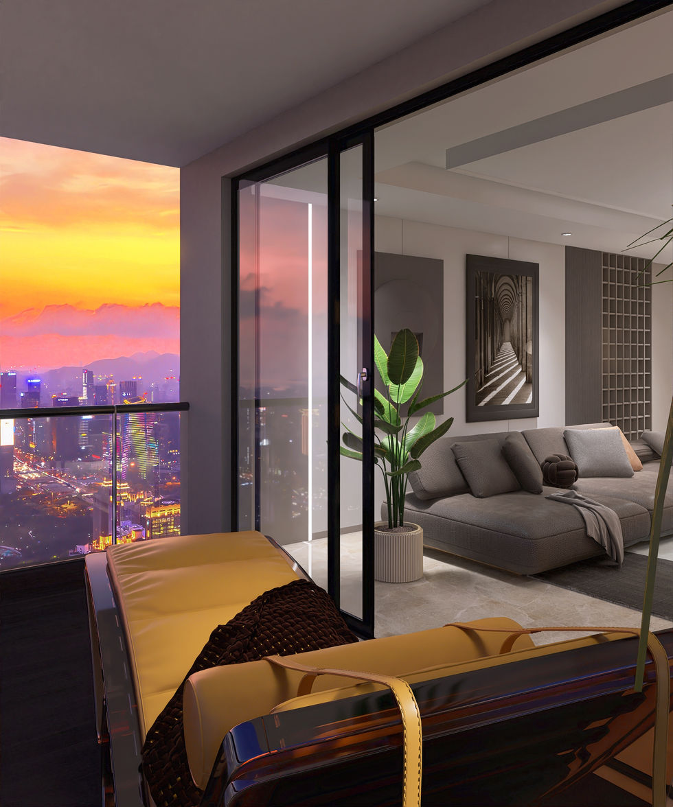 Varanda com linda chaise contrastando com sua cor vibrante os ambientes sóbrios do apartamento.