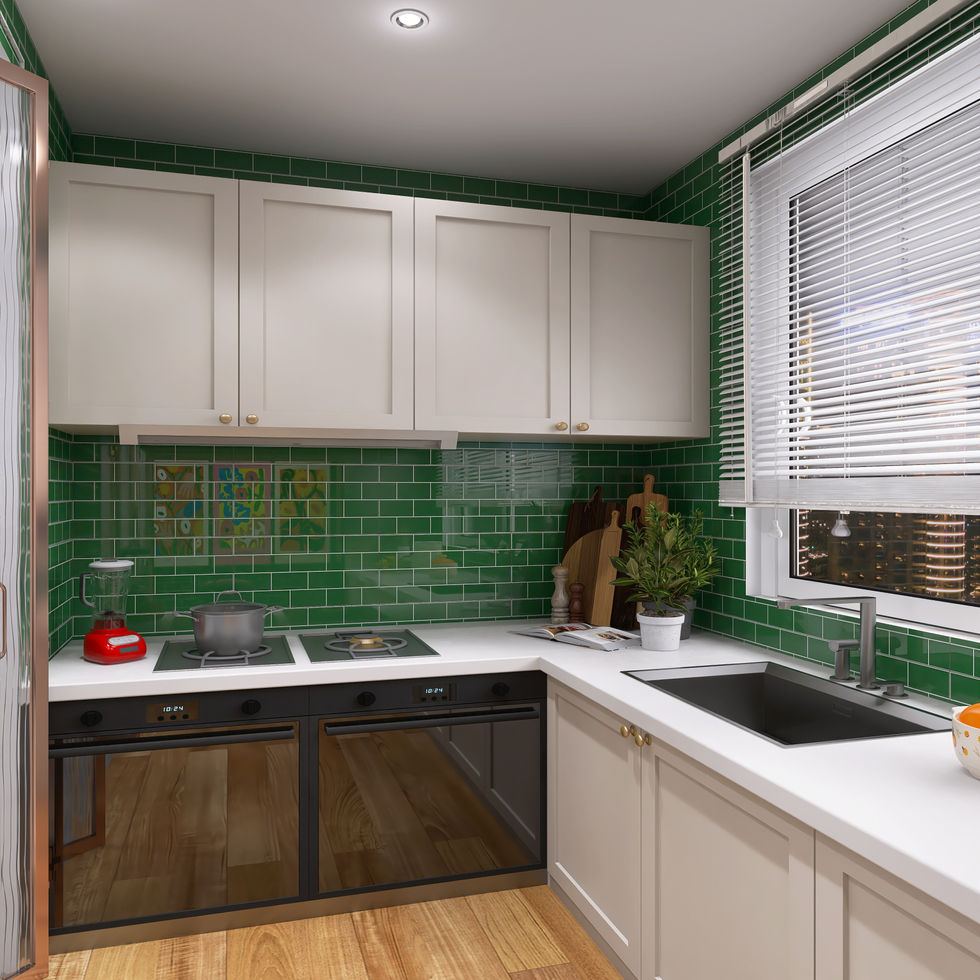 Cozinha em tons de verde e madeira, trazendo um ambiente diferenciado dentro do mesma paleta de cores do apartamento, ponto focal e estratégico, aliando praticidade e estilo.