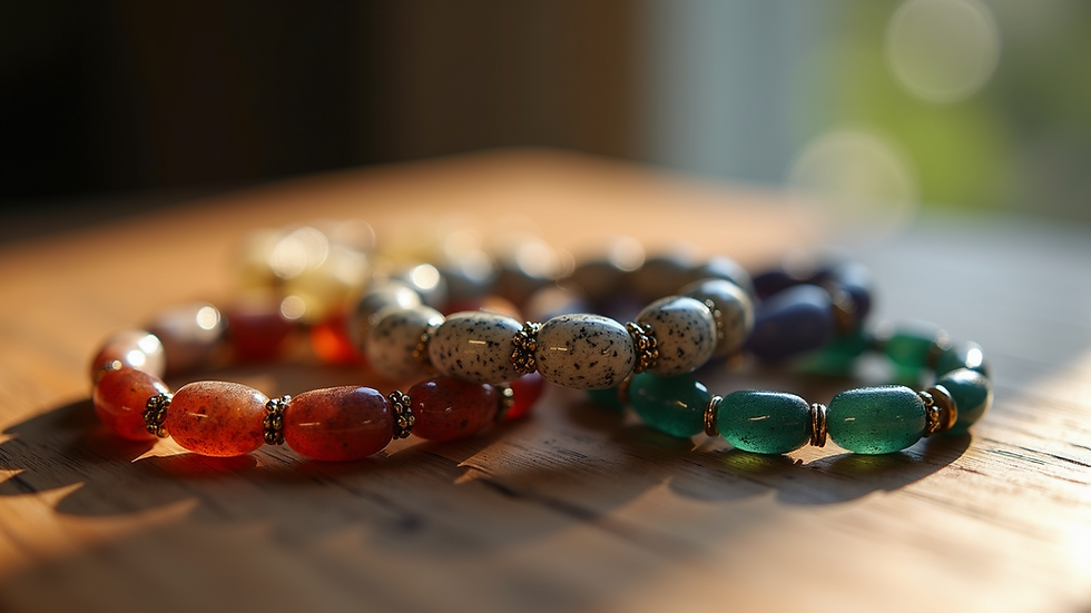 Close-up view of handcrafted gemstone bracelets arranged on a wooden table