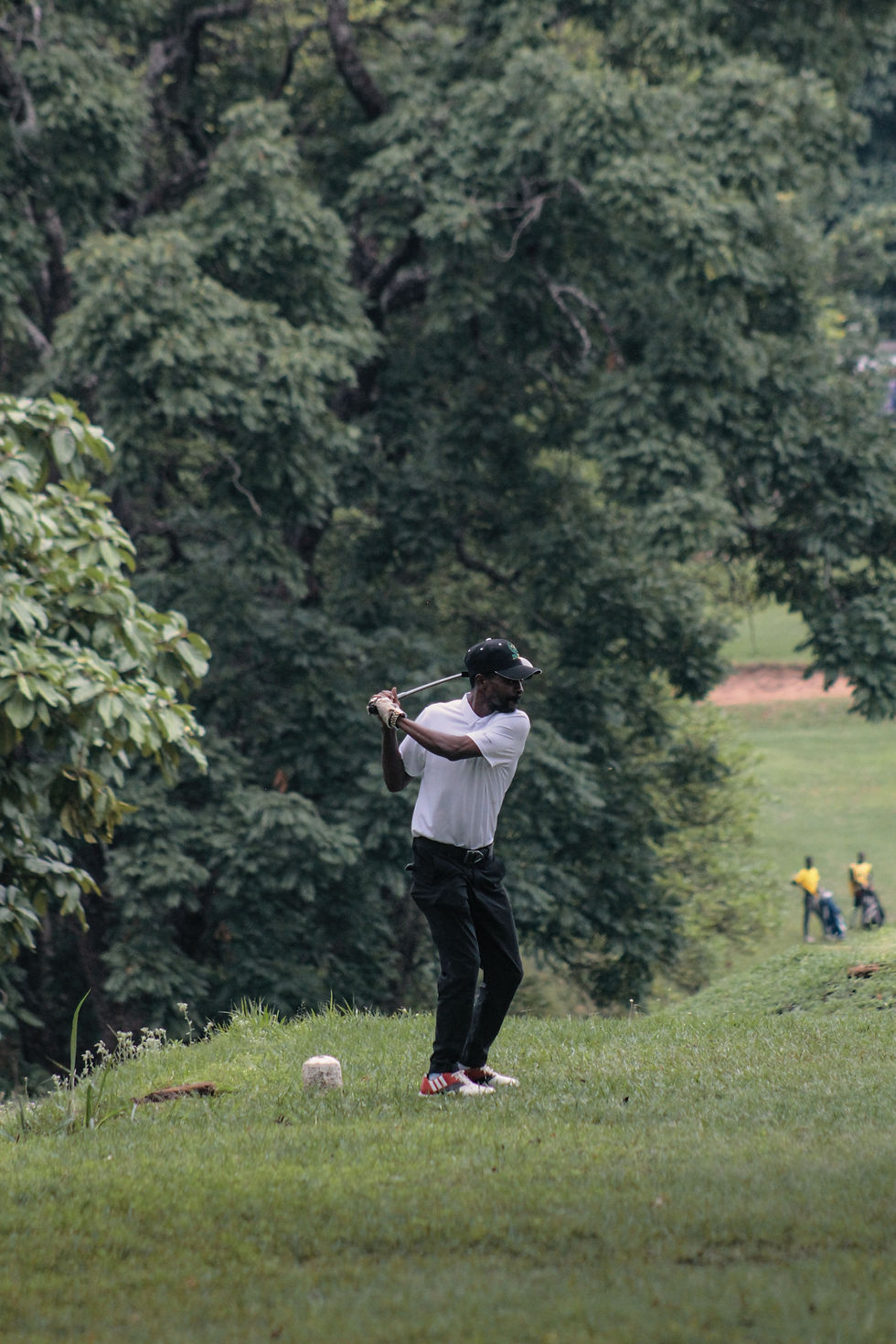 A golfer in action swinging his club on a green golf course surrounded by trees. Photo by Chimango Hara via Pexels.