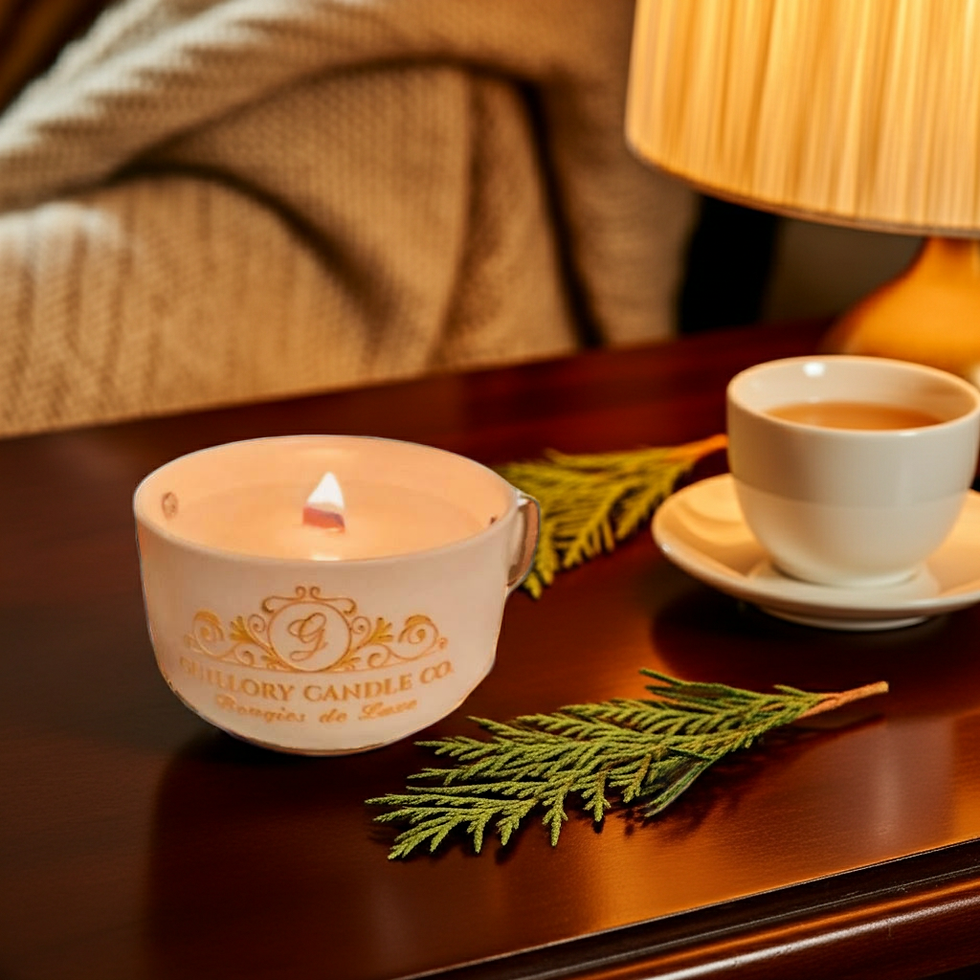 hand-poured White Tea Cedar Vanilla scented candle in designer pot