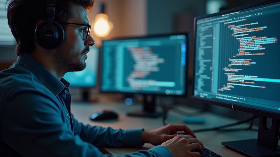 Eye-level view of a developer working on secure app code