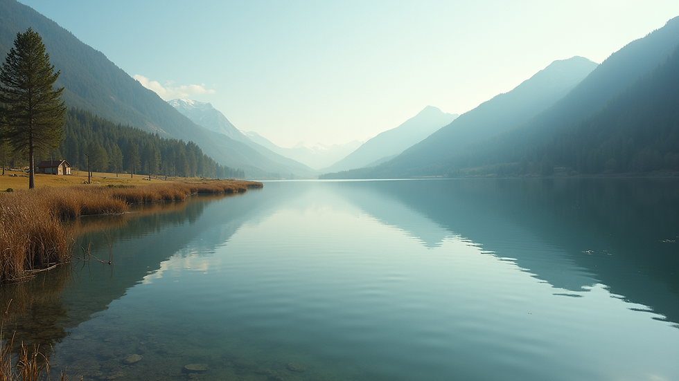 Eye-level view of a serene landscape with a calm lake