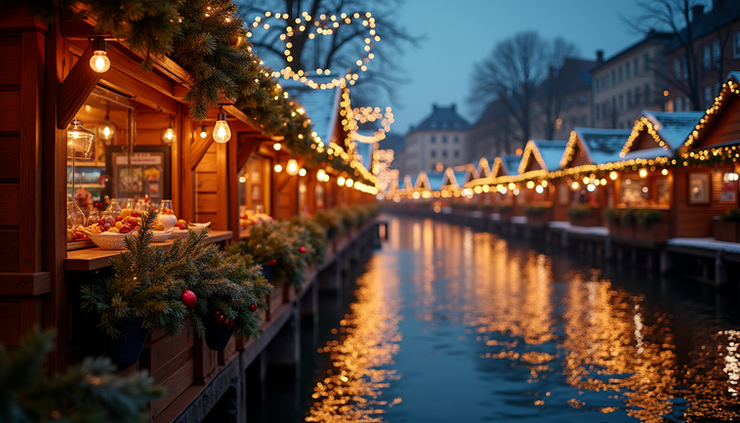 Eye-level view of a festive Christmas market along a European riverbank with wooden stalls and glowing lights