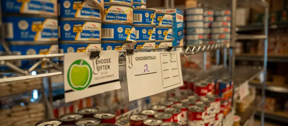 Canned goods are pictured at the Hands on Hartford food pantry on July 10, 2025. The food pantry has experienced sustained demand since 2023, serving roughly 1,000 households each month. Credit: Dana Edwards / CT Mirror
