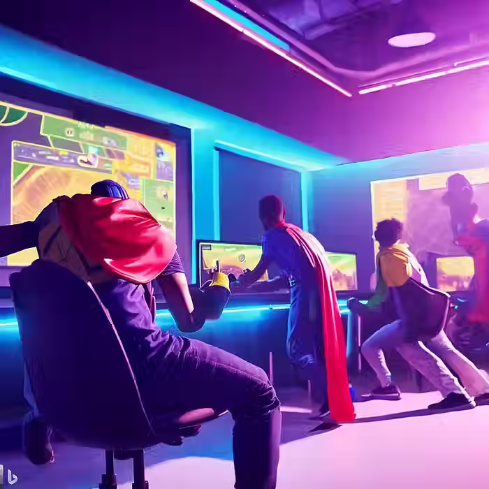 Youth playing video games together. AI generated image.