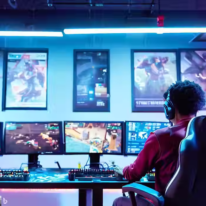 Youth male setting up a streaming station. AI generated image.