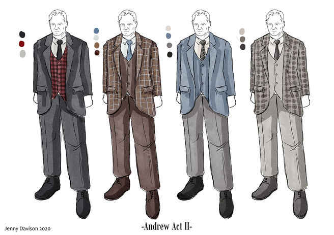 Four illustrations of a middle aged man wearing the same suit coloured in different ways. 