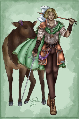 Digital drawing of a humanoid figure standing beside a female elk. The person has jaw-length blond hair and wears a chainmail shirt over a white undershirt. They are carrying a sword and an axe, and wear a green cloak and various amulets. 