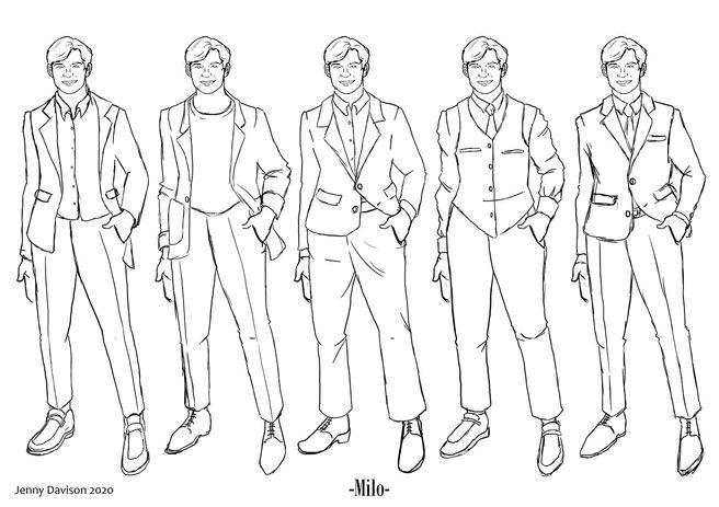 Rough sketches of five variations on a 1980s suit, all drawn on the same figure, a young man with neatly combed hair and a smiling face