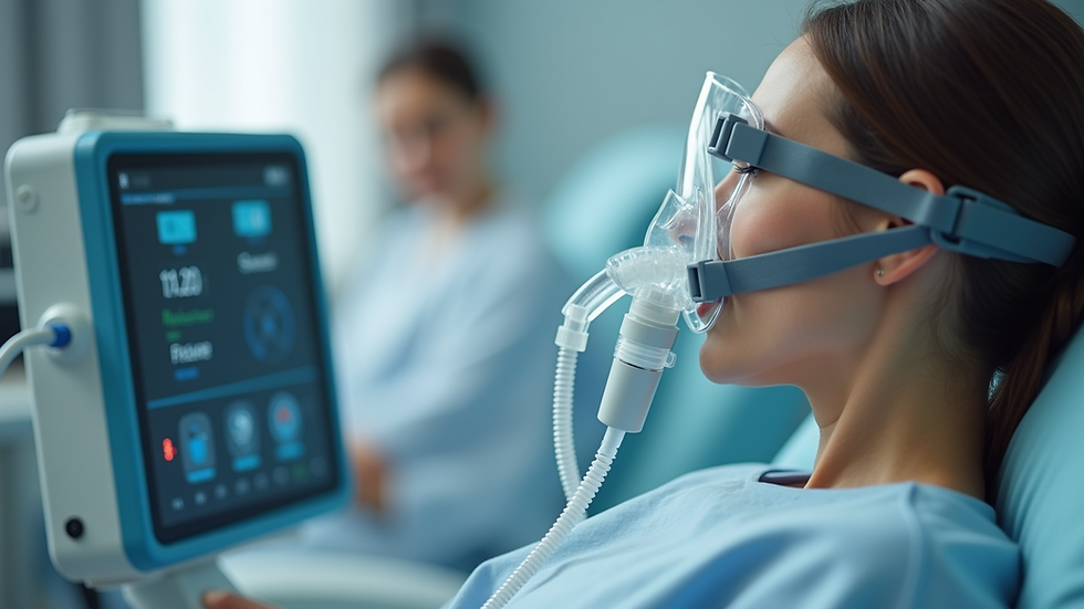 Eye-level view of a BiPAP machine connected to a patient’s mask
