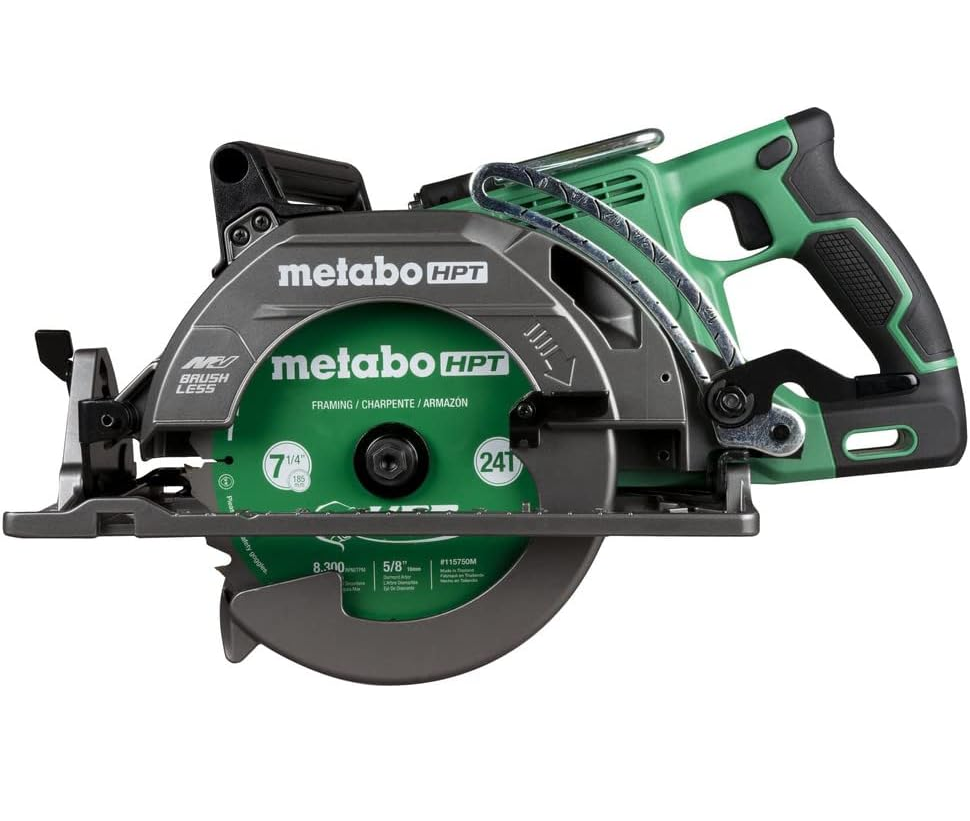 Green and black Metabo HPT circular saw with gray blade guard, labeled text, resting on a neutral background.
